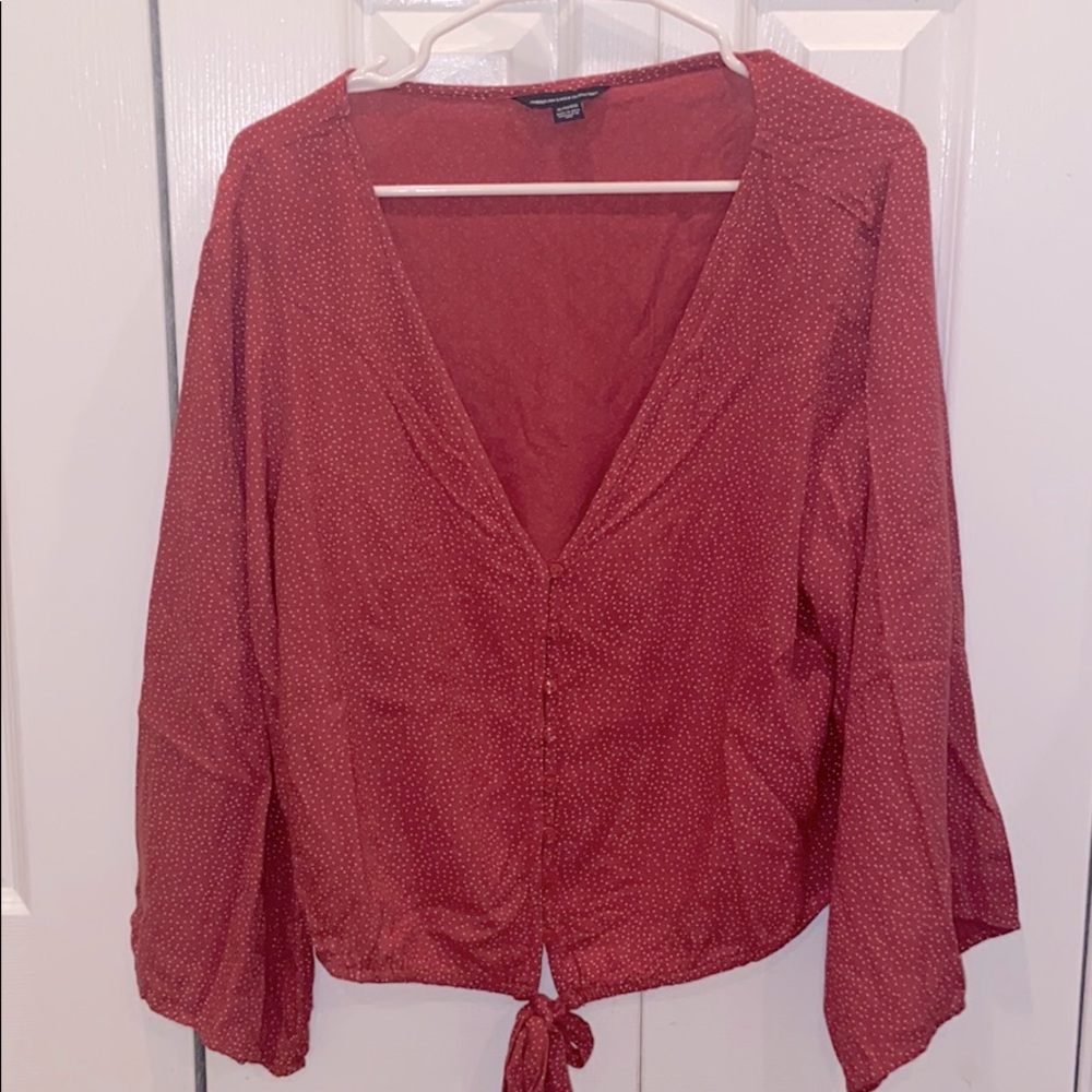 American Eagle Tie Front Blouse Red and White